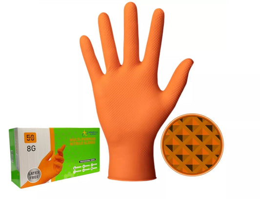 Nitrile Diamond Grip Gloves Heavy Duty Disposable Latex Free Orange L/XL 50 Gloves