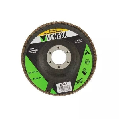 VEWERK Pack of 10 Flap Discs 60 Grit Oxide (115mm X 22.2mm) Flat Wheel Sanding