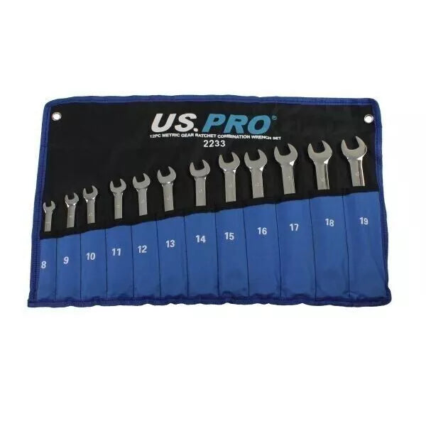 12pc Metric Gear Ratchet Combination Spanner Wrench Set 8-19mm