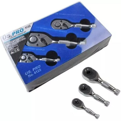 US Pro Tools Set de 3 bucăți cu clichet cu priză stubby, antrenare 1/4" 3/8" 1/2" 