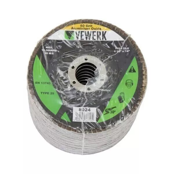 VEWERK Pack of 10 Flap Discs 60 Grit Oxide (115mm X 22.2mm) Flat Wheel Sanding