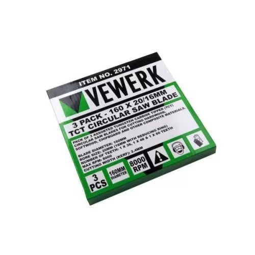 VEWERK 3 Pack 160 x 20mm (16mm ring) TCT Circular Saw Blades 36t 48t 60t