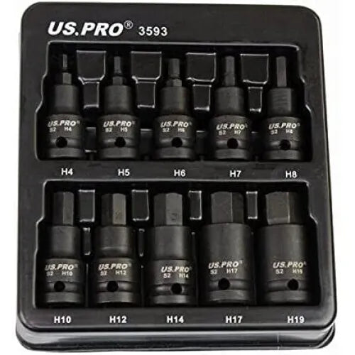 US PRO Tools Set de 10 bucăți cu șuruburi hexagonale de impact, cu antrenare de 1/2" de la 4 mm la 19 mm