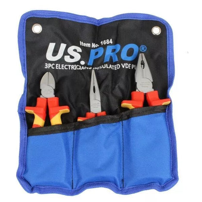 US PRO TOOLS 3 Piece Electricians Insulated VDE Pliers & Cutter Set