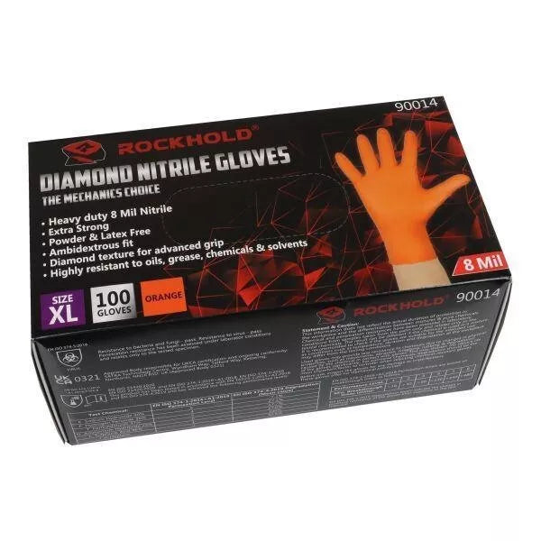 Nitrile Diamond Grip Gloves Heavy Duty Disposable Latex Free Orange X-Large x100